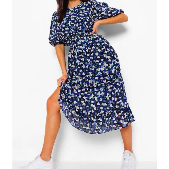 Boohoo Floral Chiffon Puff Sleeve Midi Dress Size 4 - Picture 5 of 15